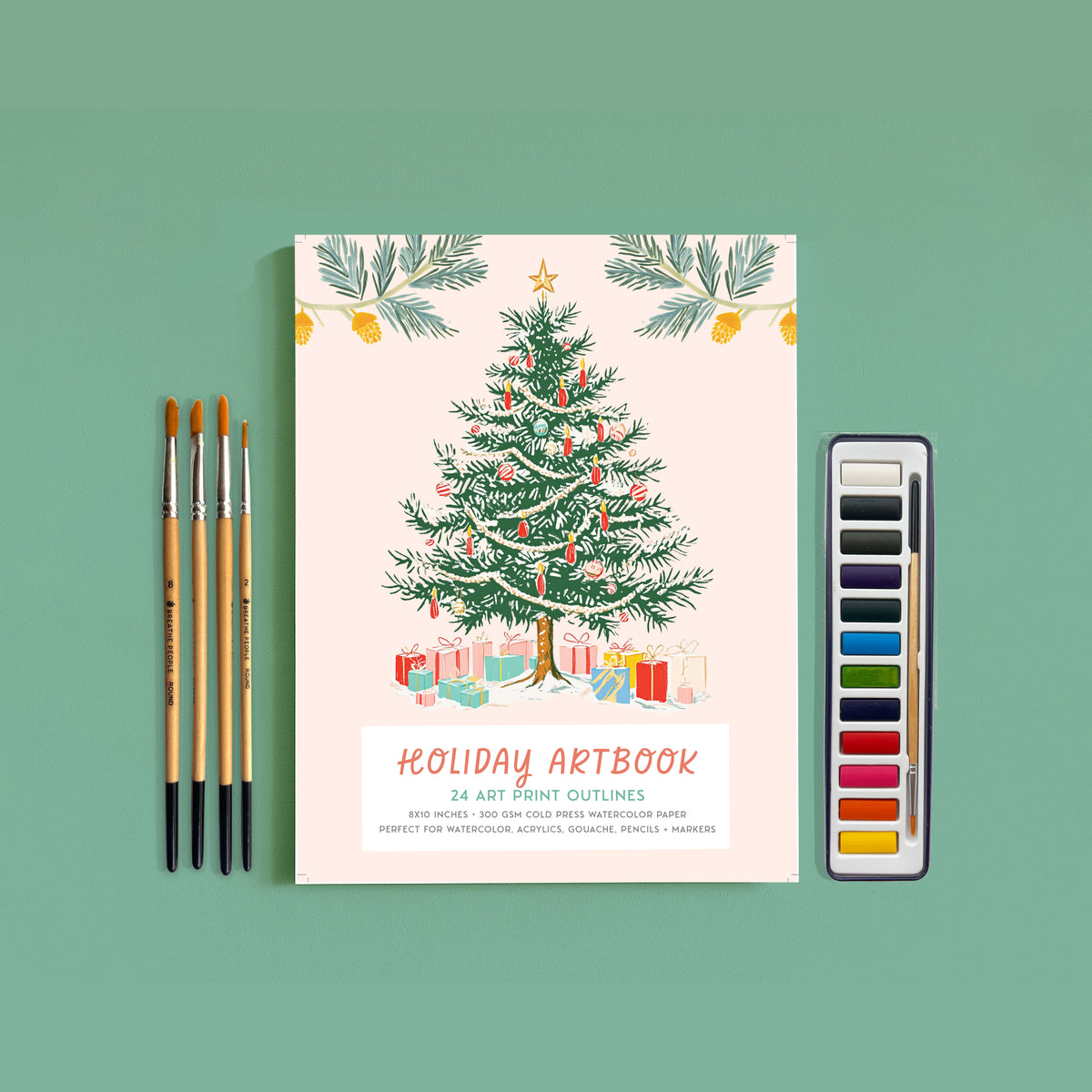 Holiday Watercolor Gift Set: Coloring Book, Paints & Brushes