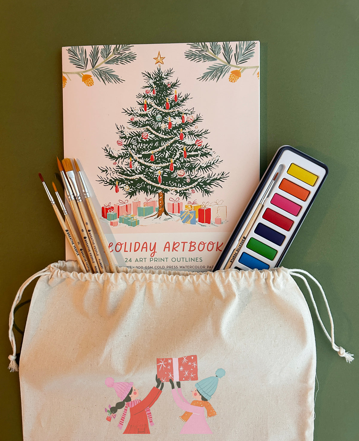 Holiday Watercolor Gift Set: Coloring Book, Paints & Brushes