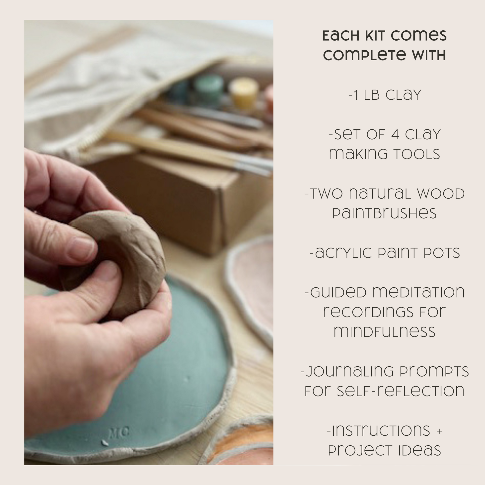 Meditative clay kits contents for creativity and connection.